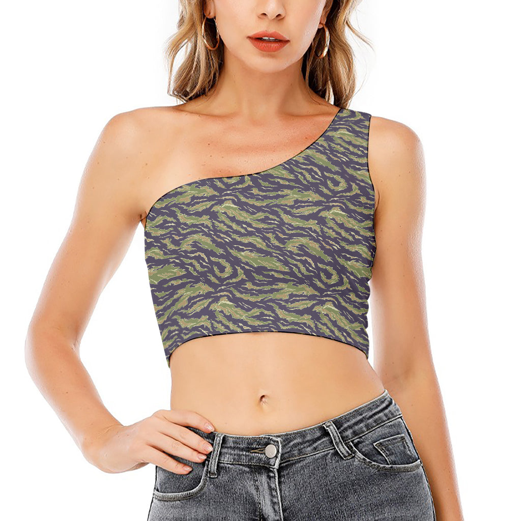 Military Tiger Stripe Camouflage Print One Shoulder Crop Top