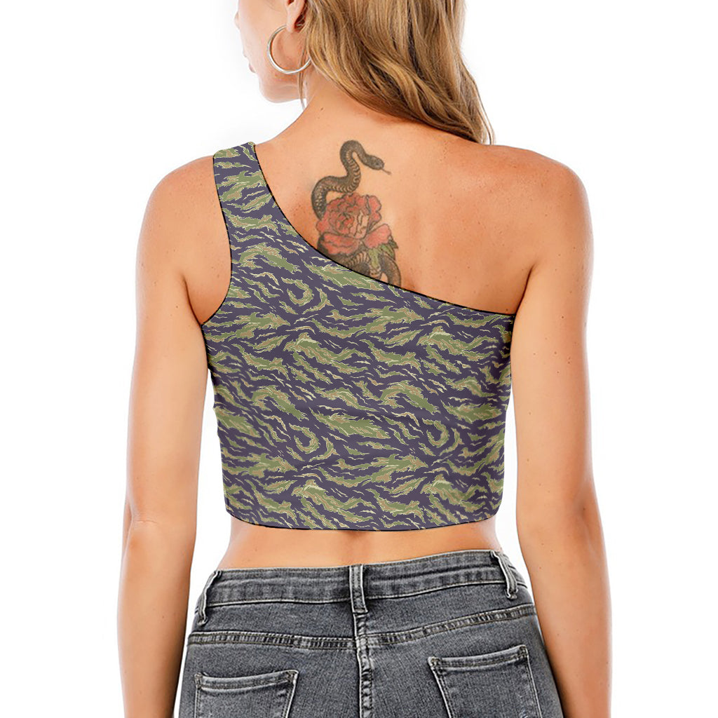 Military Tiger Stripe Camouflage Print One Shoulder Crop Top