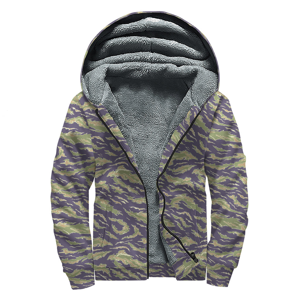 Military Tiger Stripe Camouflage Print Sherpa Lined Zip Up Hoodie