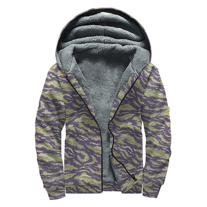 Military Tiger Stripe Camouflage Print Sherpa Lined Zip Up Hoodie