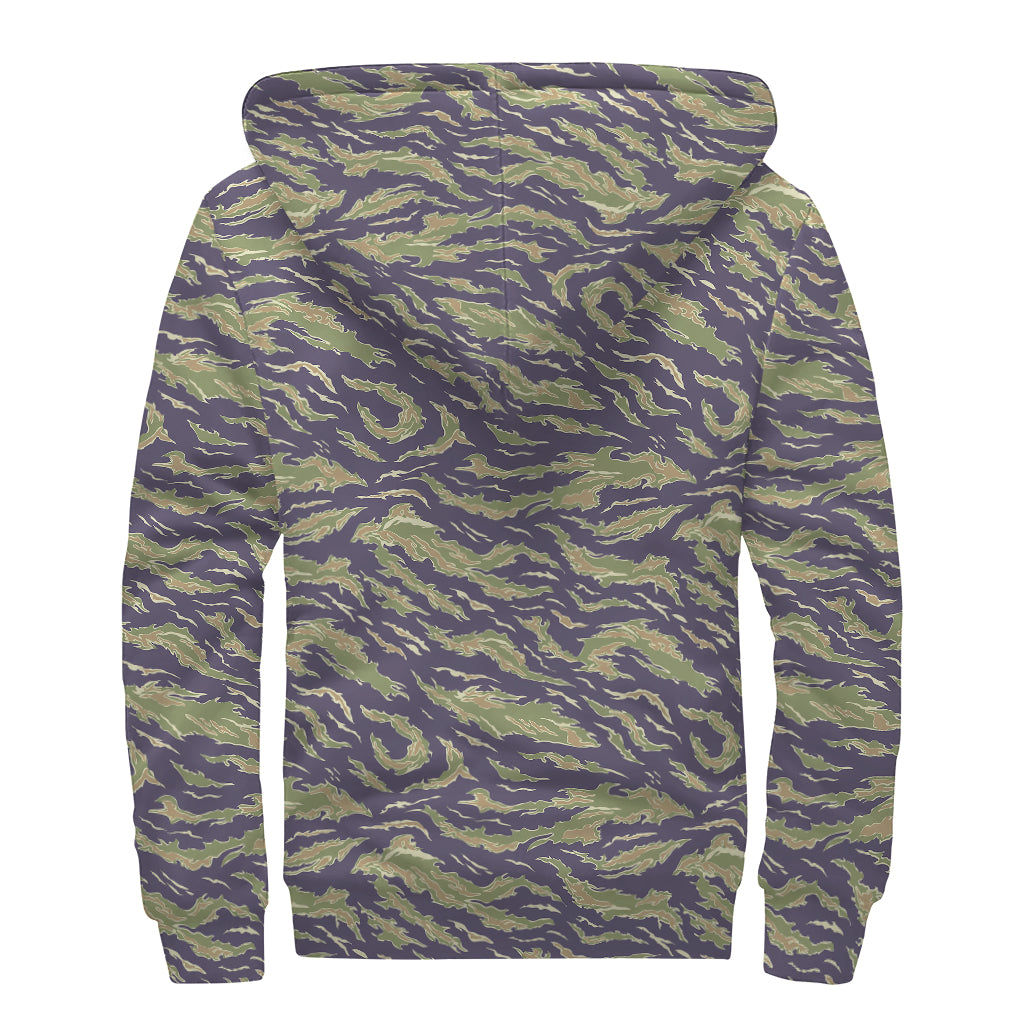 Military Tiger Stripe Camouflage Print Sherpa Lined Zip Up Hoodie