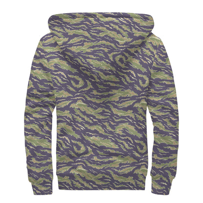 Military Tiger Stripe Camouflage Print Sherpa Lined Zip Up Hoodie