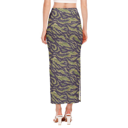 Military Tiger Stripe Camouflage Print Side Slit Maxi Skirt