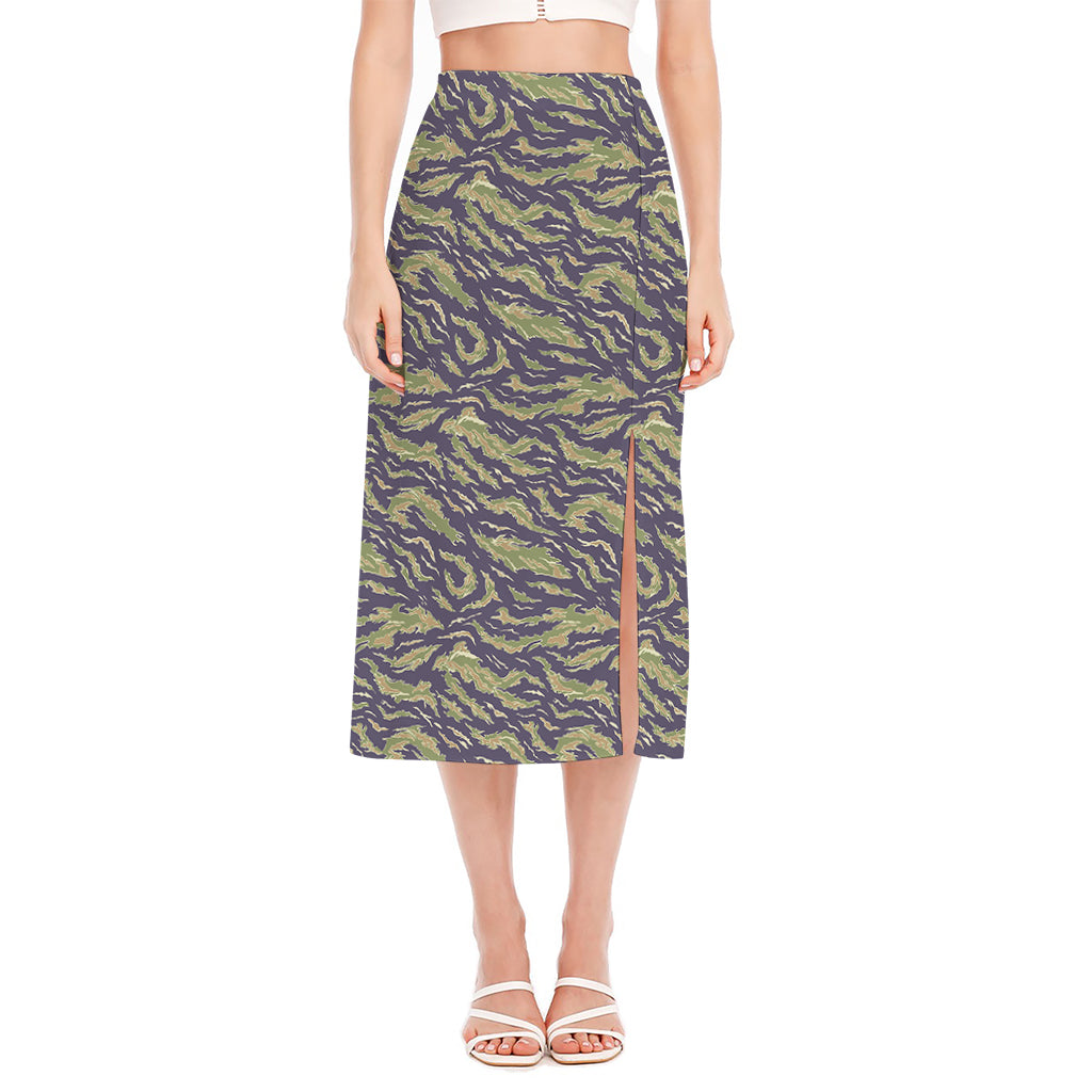 Military Tiger Stripe Camouflage Print Side Slit Midi Skirt