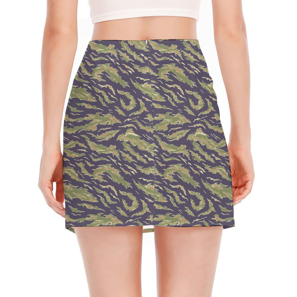 Military Tiger Stripe Camouflage Print Side Slit Mini Skirt