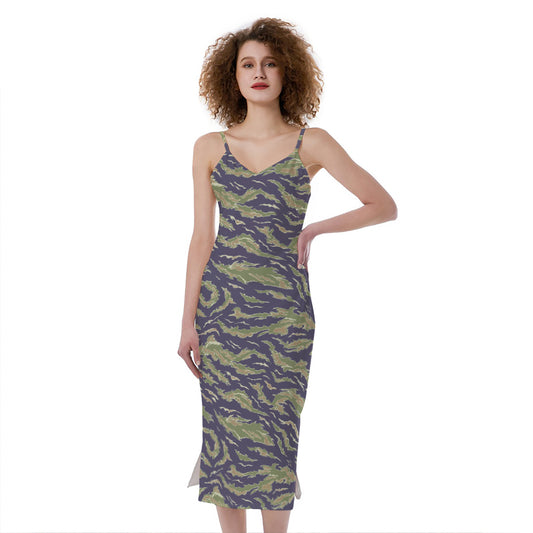 Military Tiger Stripe Camouflage Print Slim Fit Midi Cami Dress