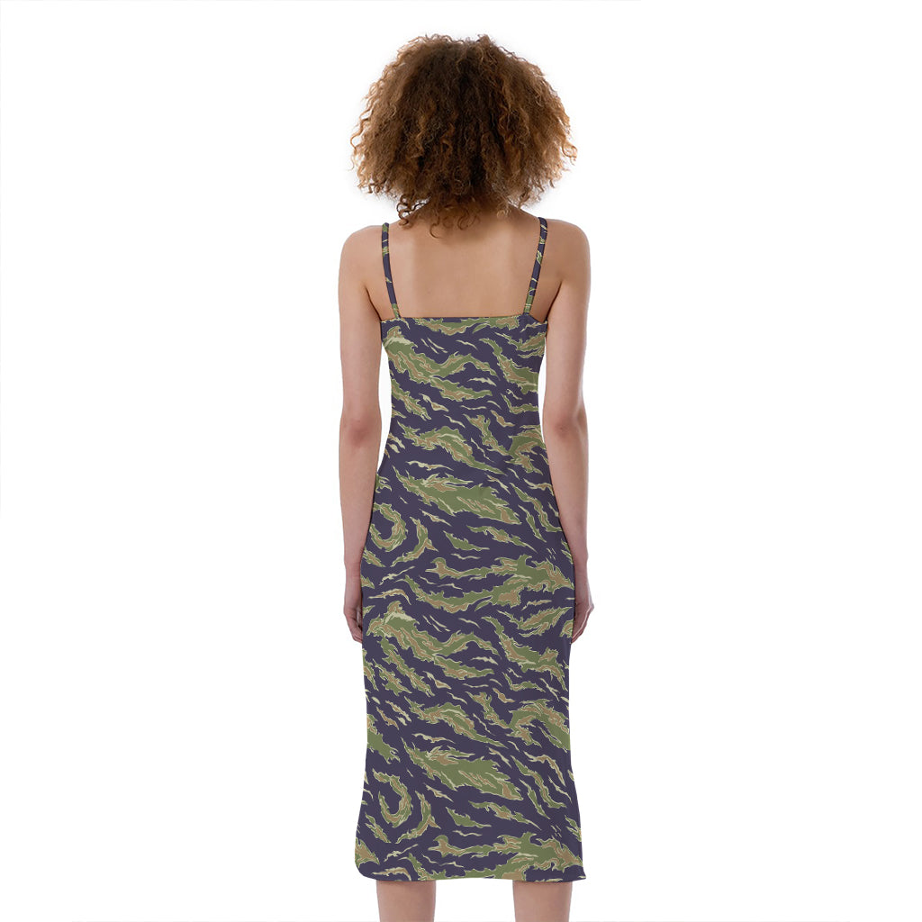 Military Tiger Stripe Camouflage Print Slim Fit Midi Cami Dress