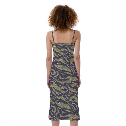 Military Tiger Stripe Camouflage Print Slim Fit Midi Cami Dress