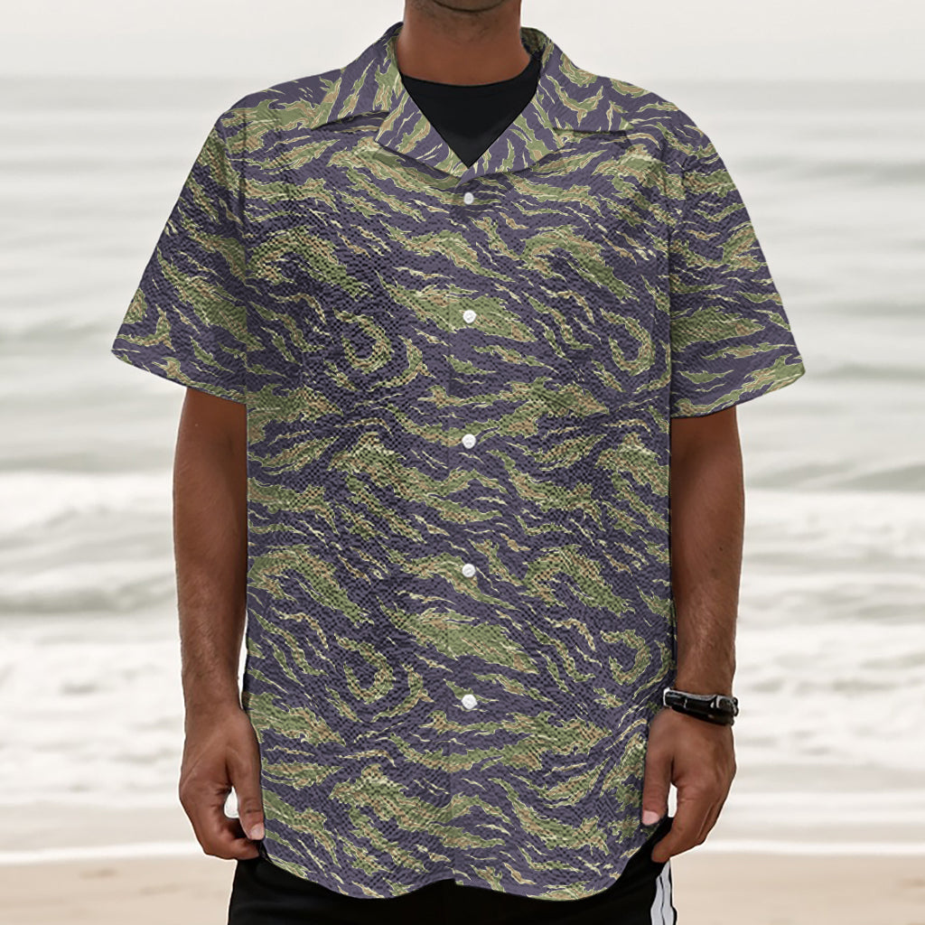 Military Tiger Stripe Camouflage Print Textured Short Sleeve Shirt