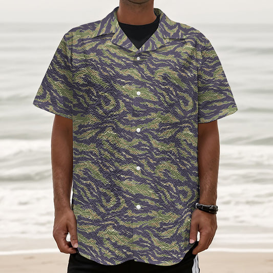 Military Tiger Stripe Camouflage Print Textured Short Sleeve Shirt
