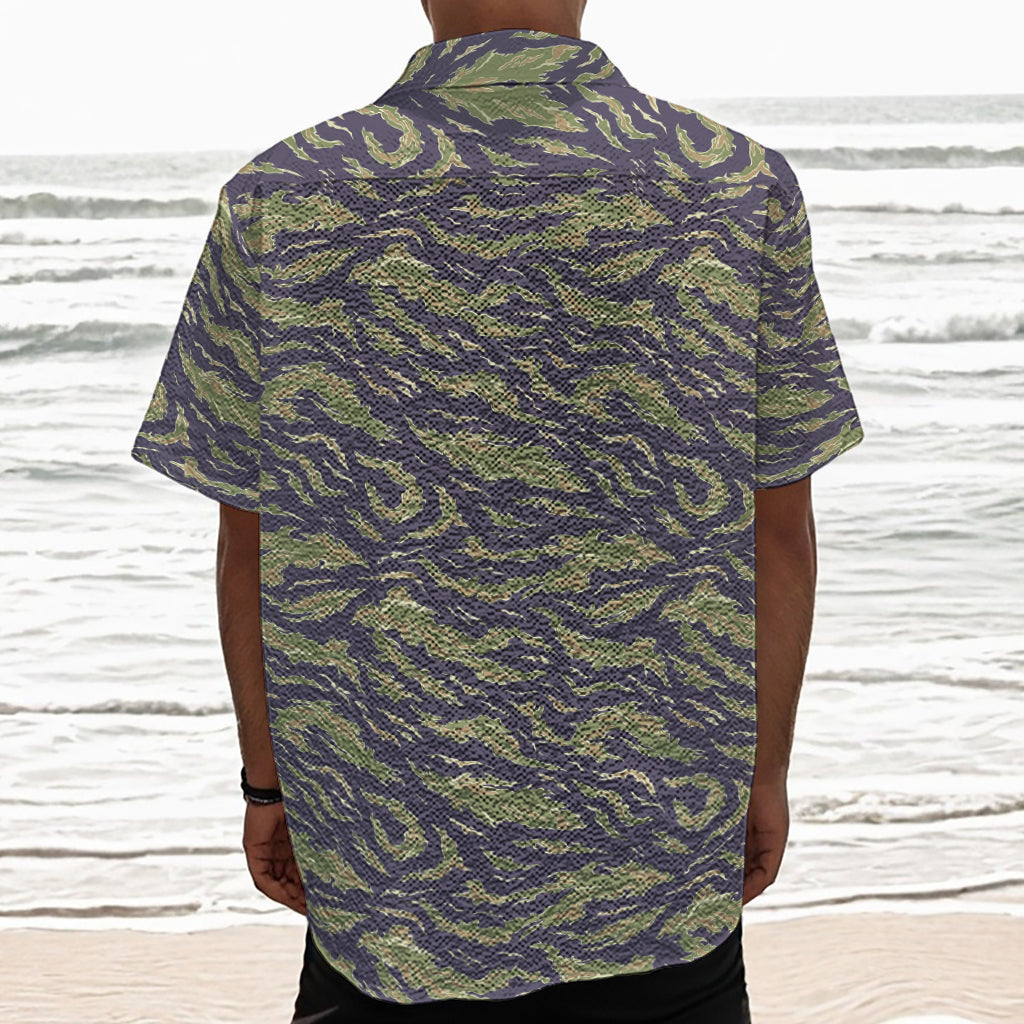 Military Tiger Stripe Camouflage Print Textured Short Sleeve Shirt