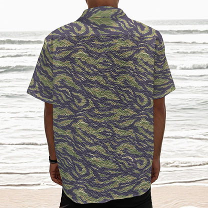 Military Tiger Stripe Camouflage Print Textured Short Sleeve Shirt