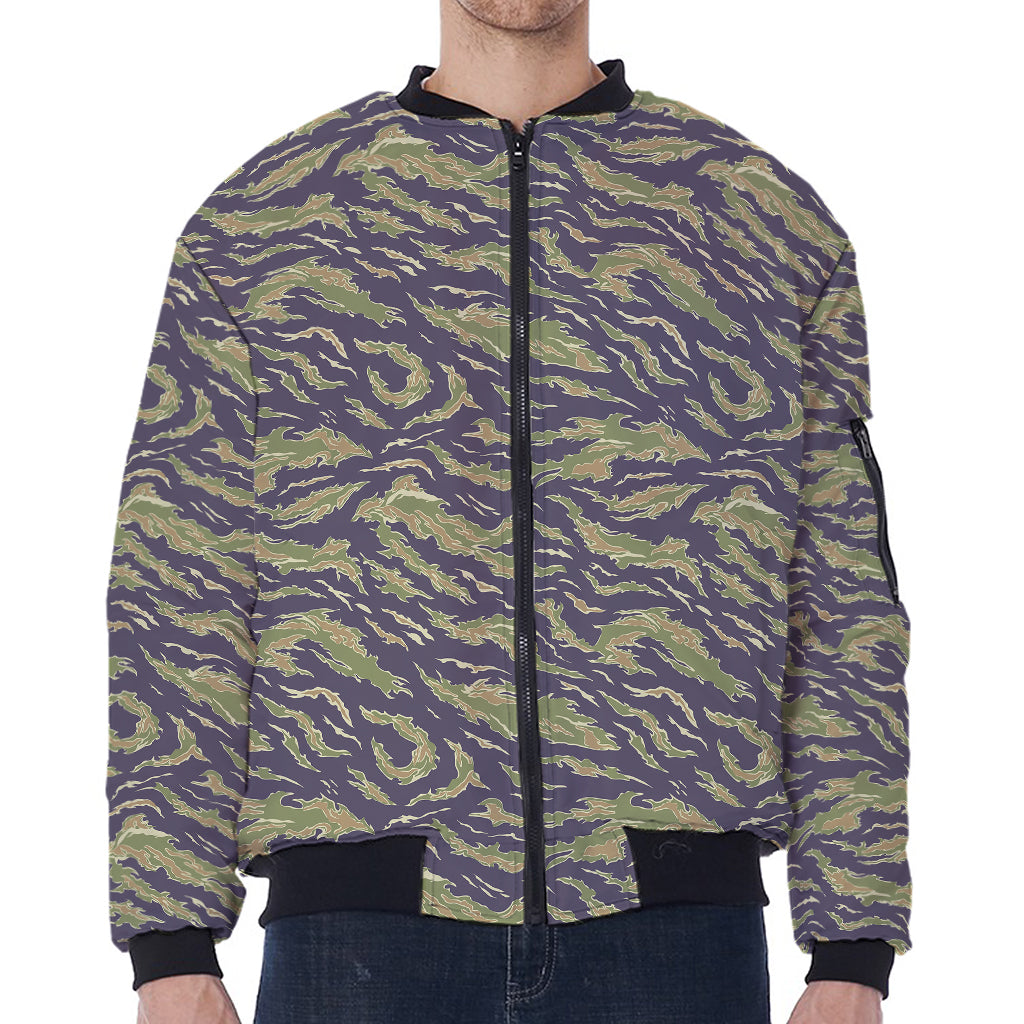 Military Tiger Stripe Camouflage Print Zip Sleeve Bomber Jacket