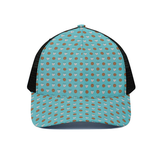 Milk And Cookies Pattern Print Black Mesh Trucker Cap