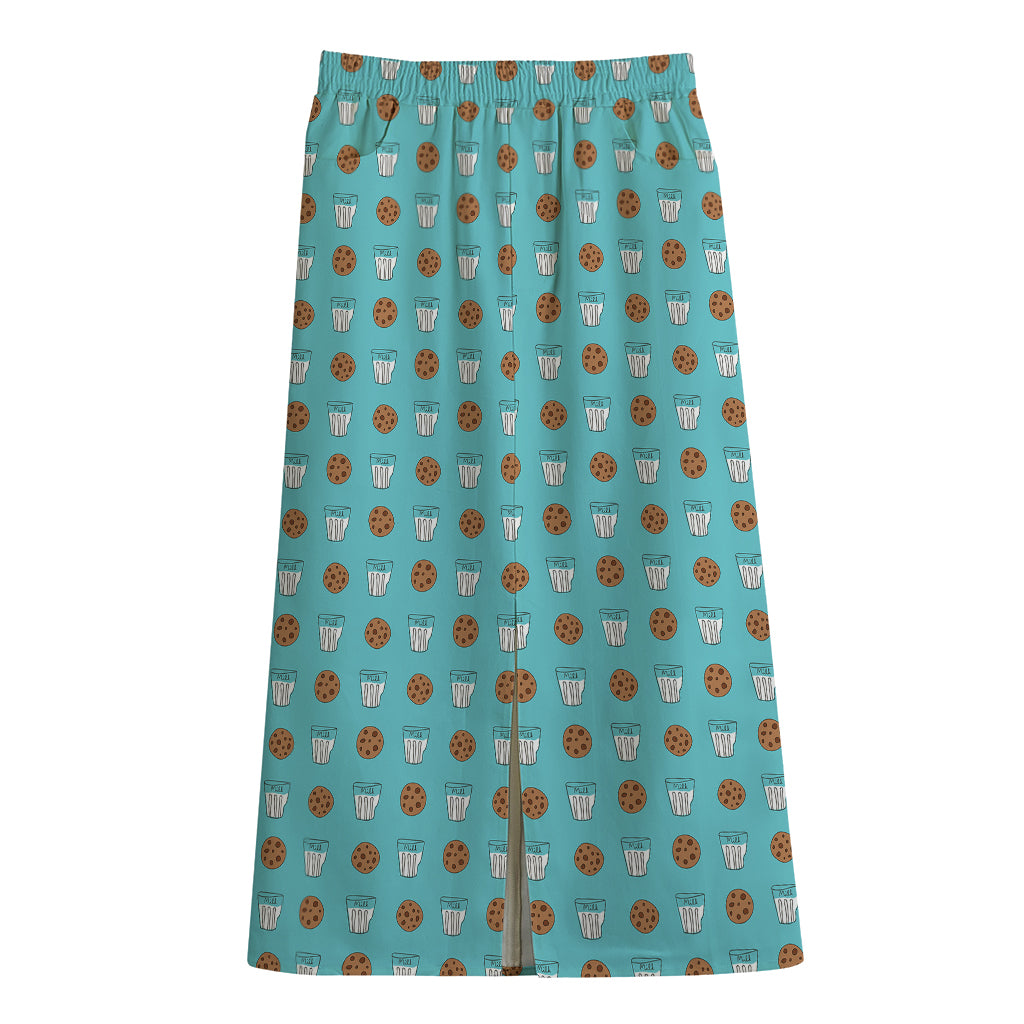 Milk And Cookies Pattern Print Cotton Front Slit Maxi Skirt