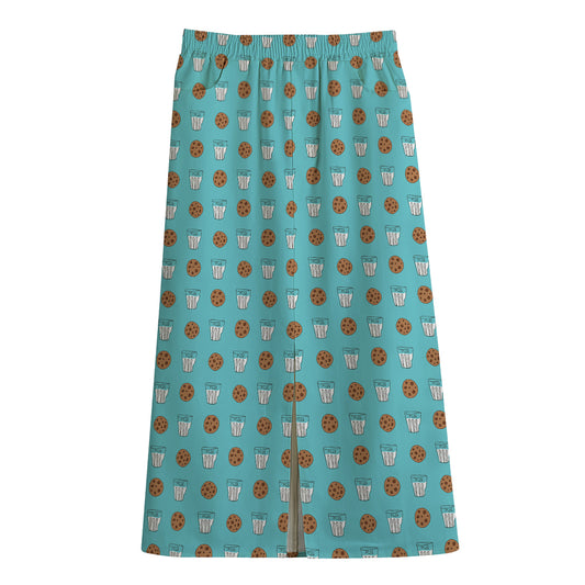 Milk And Cookies Pattern Print Cotton Front Slit Maxi Skirt