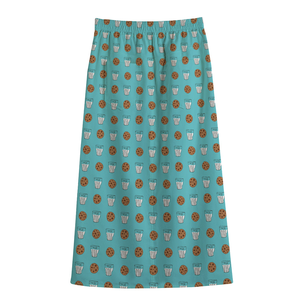 Milk And Cookies Pattern Print Cotton Front Slit Maxi Skirt