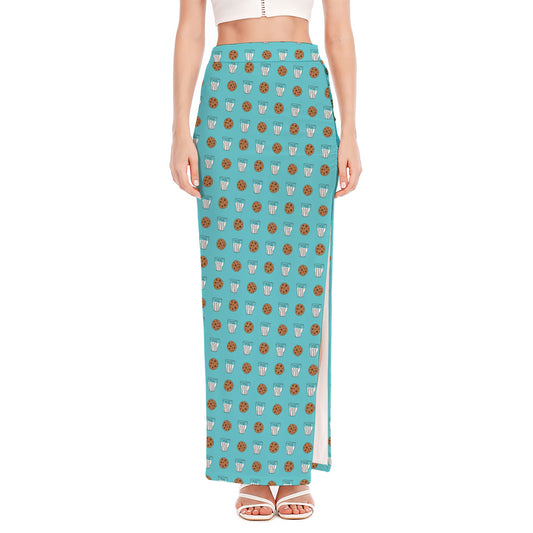 Milk And Cookies Pattern Print High Slit Maxi Skirt