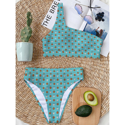 Milk And Cookies Pattern Print One Shoulder Bikini Top