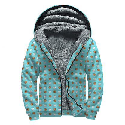 Milk And Cookies Pattern Print Sherpa Lined Zip Up Hoodie