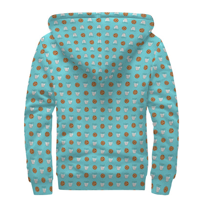 Milk And Cookies Pattern Print Sherpa Lined Zip Up Hoodie