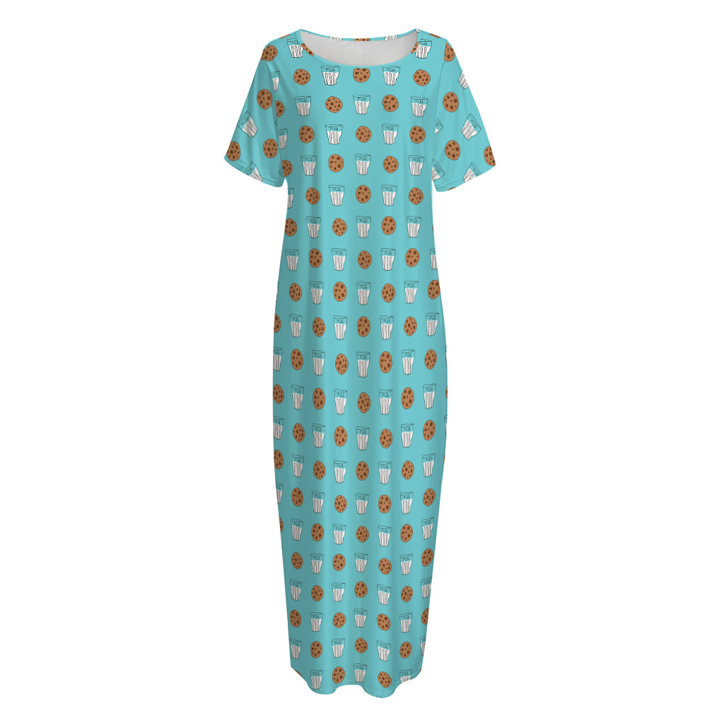 Milk And Cookies Pattern Print Short Sleeve Long Nightdress