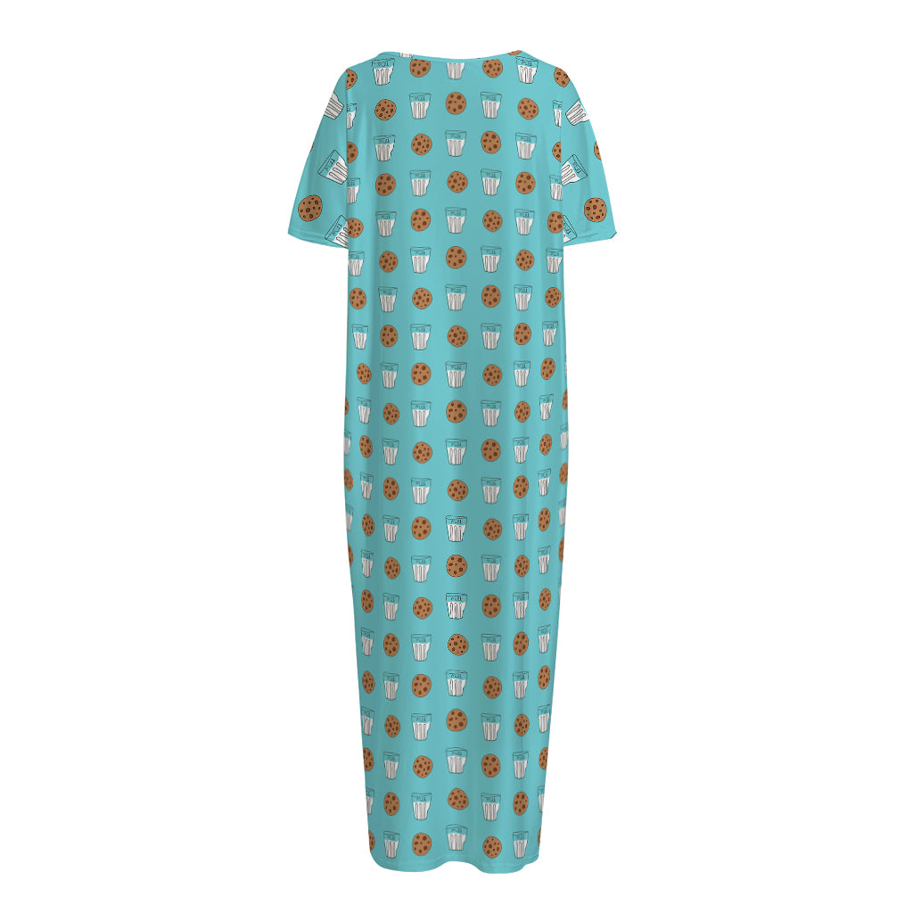 Milk And Cookies Pattern Print Short Sleeve Long Nightdress