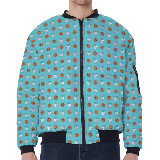Milk And Cookies Pattern Print Zip Sleeve Bomber Jacket