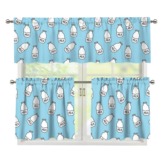 Milk Bottle Cartoon Pattern Print 3 Piece Kitchen Curtains