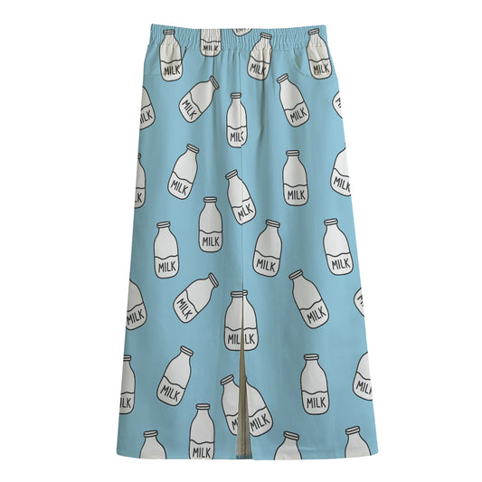 Milk Bottle Cartoon Pattern Print Cotton Front Slit Maxi Skirt
