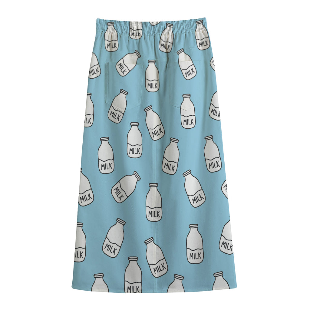 Milk Bottle Cartoon Pattern Print Cotton Front Slit Maxi Skirt