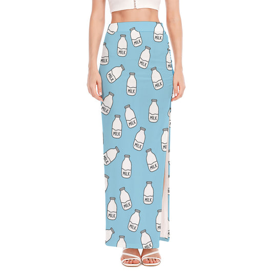 Milk Bottle Cartoon Pattern Print High Slit Maxi Skirt