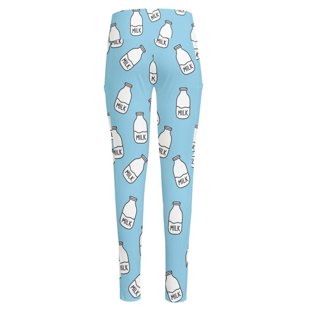 Milk Bottle Cartoon Pattern Print High-Waisted Pocket Leggings