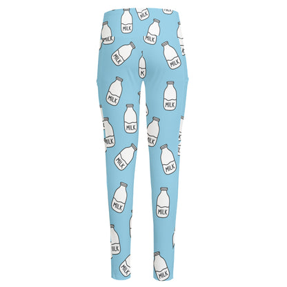 Milk Bottle Cartoon Pattern Print High-Waisted Pocket Leggings