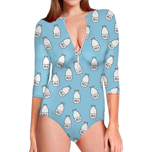 Milk Bottle Cartoon Pattern Print Long Sleeve Swimsuit