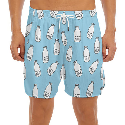 Milk Bottle Cartoon Pattern Print Men's Split Running Shorts