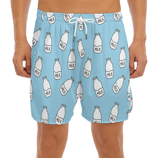 Milk Bottle Cartoon Pattern Print Men's Split Running Shorts