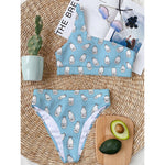 Milk Bottle Cartoon Pattern Print One Shoulder Bikini Top