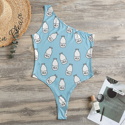 Milk Bottle Cartoon Pattern Print One Shoulder Bodysuit