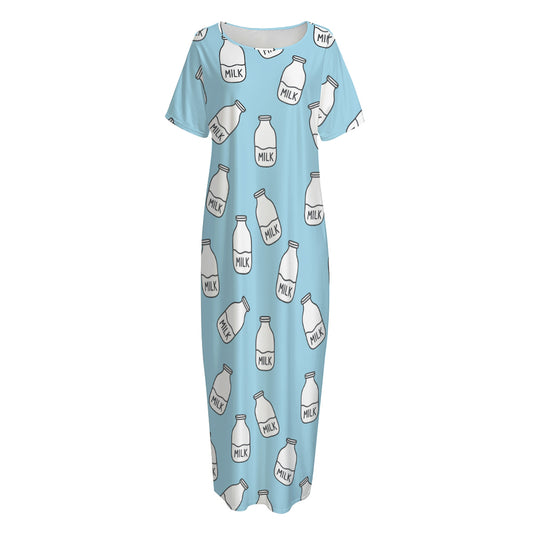 Milk Bottle Cartoon Pattern Print Short Sleeve Long Nightdress