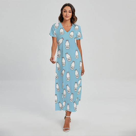 Milk Bottle Cartoon Pattern Print Short Sleeve Maxi Dress