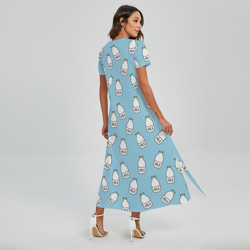 Milk Bottle Cartoon Pattern Print Short Sleeve Maxi Dress