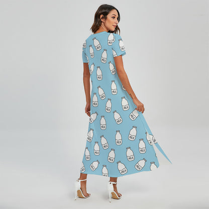 Milk Bottle Cartoon Pattern Print Short Sleeve Maxi Dress