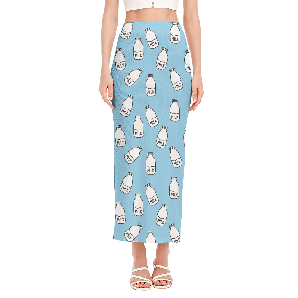 Milk Bottle Cartoon Pattern Print Side Slit Maxi Skirt