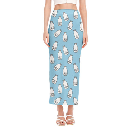 Milk Bottle Cartoon Pattern Print Side Slit Maxi Skirt