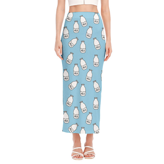 Milk Bottle Cartoon Pattern Print Side Slit Maxi Skirt