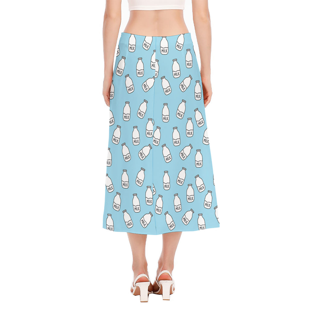 Milk Bottle Cartoon Pattern Print Side Slit Midi Skirt