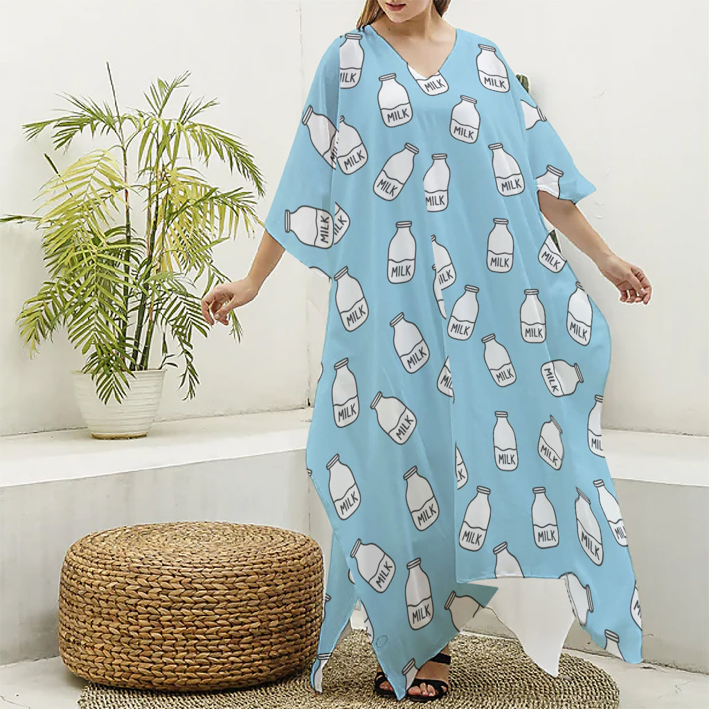 Milk Bottle Cartoon Pattern Print Silk V-Neck Kaftan Dress