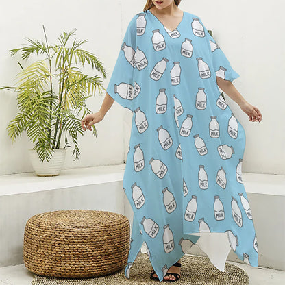 Milk Bottle Cartoon Pattern Print Silk V-Neck Kaftan Dress