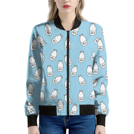 Milk Bottle Cartoon Pattern Print Women's Bomber Jacket